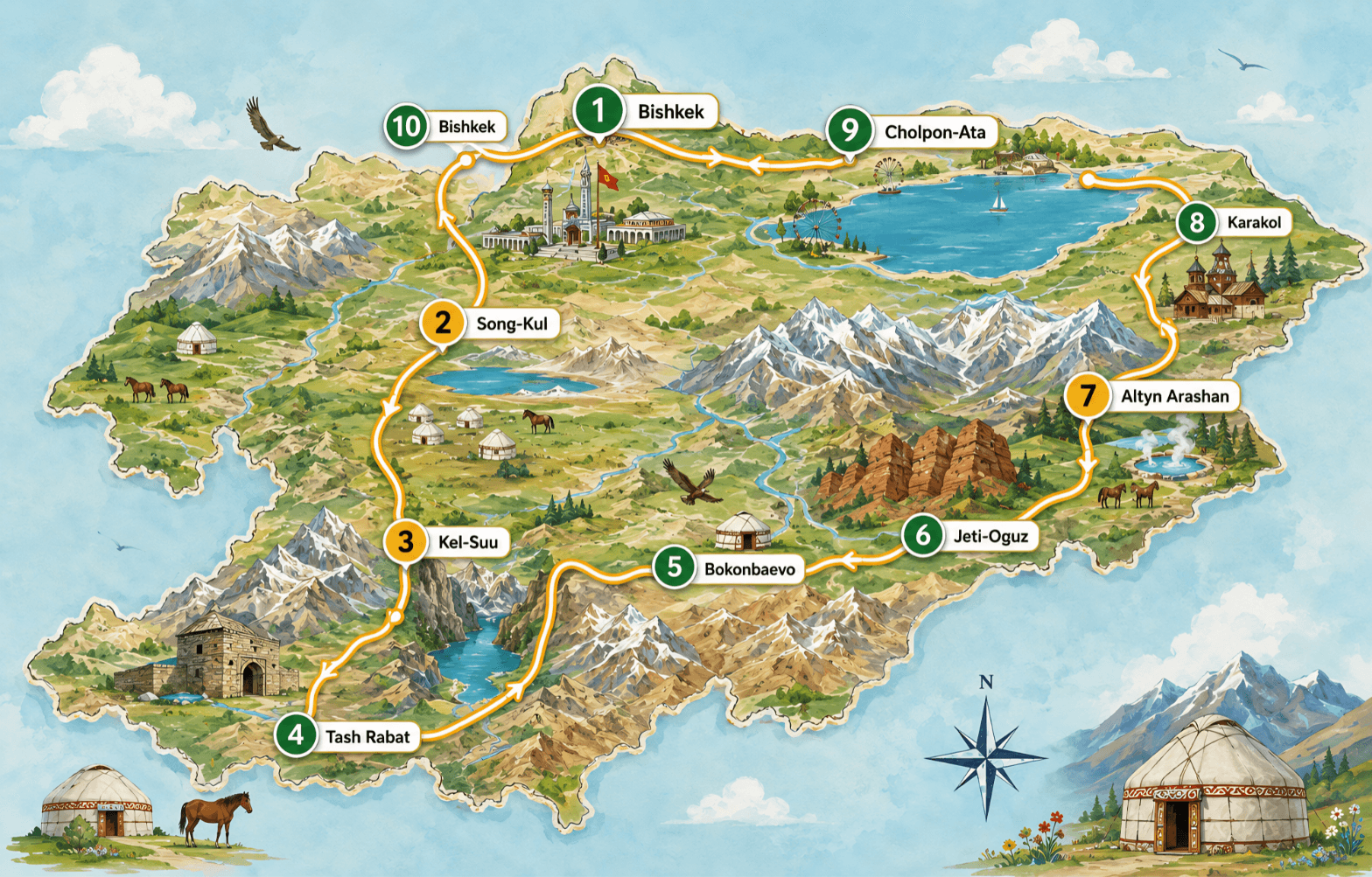 Illustrated 14-day route map of kyrgyzstan