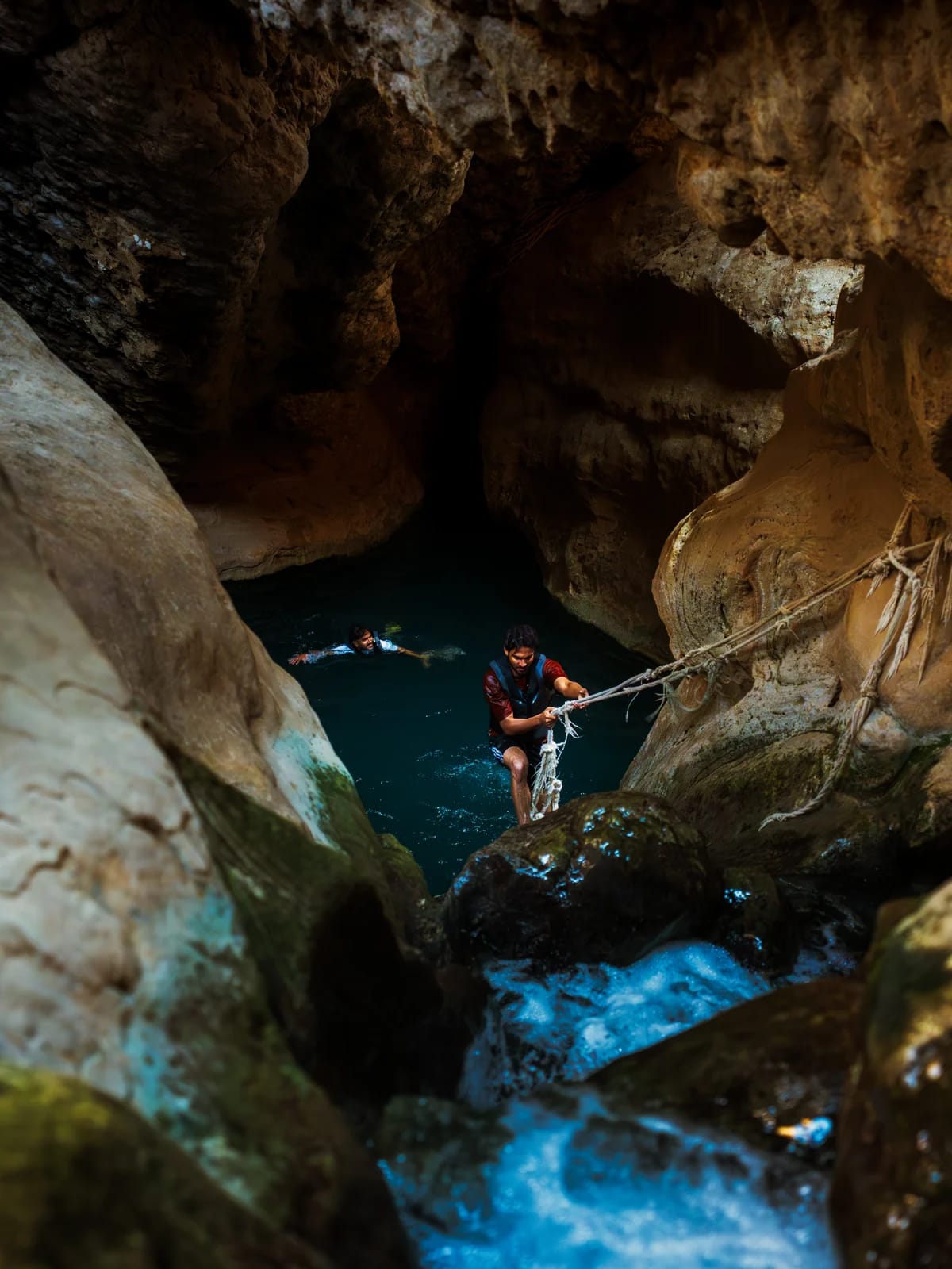 Emerald Wadi Shab water pool in soft canyon light